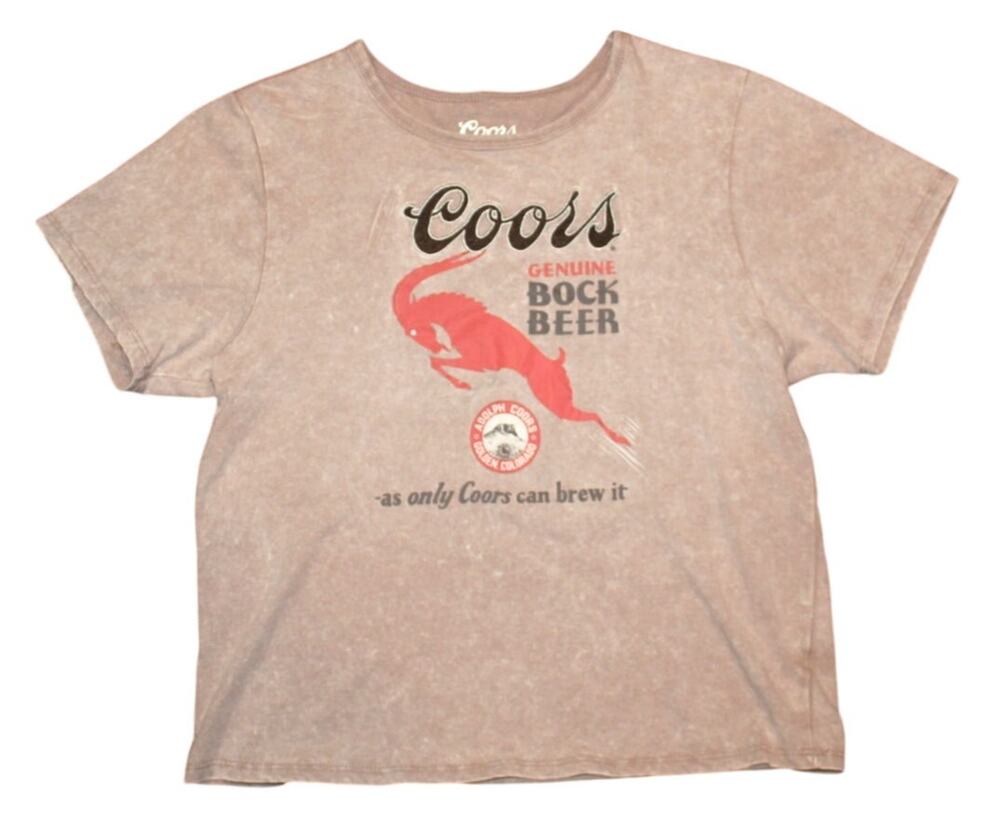Coors Genuine Bock Beer Tan Distressed Embroidered Red Goat Logo Women’s Small